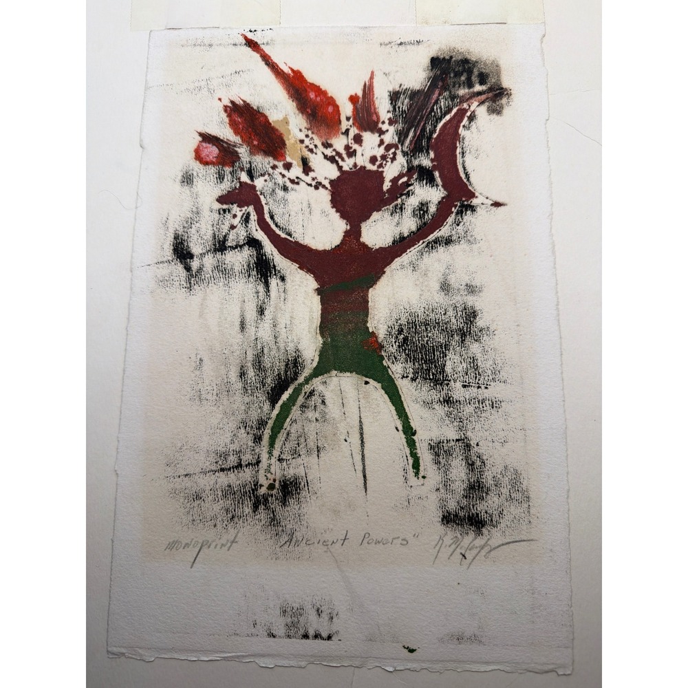 Ancient Powers Original Signed Monoprint Abstract Tribal Figure Art 11x7.5